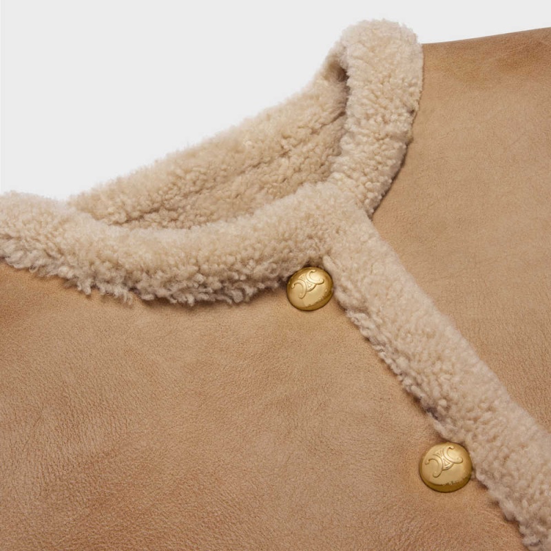 Celine Cardigan in curly shearling Leather COGNAC / CREAM | CL-592615