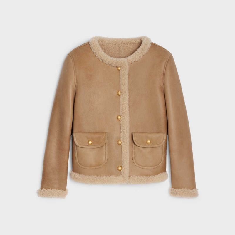 Celine Cardigan in curly shearling Leather COGNAC / CREAM | CL-592615