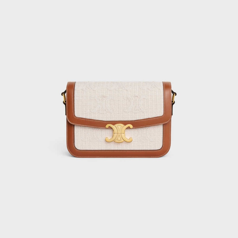 Celine Classique Bag in TEXTILE WITH CROCHET EMBROIDERY Triomphe Natural / Tan | CL-593181