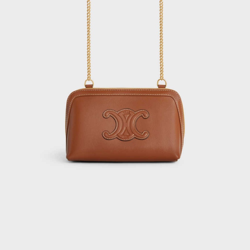 Celine Clutch on Chain Cuir triomphe in smooth calfskin Mini Bags Tan | CL-593033