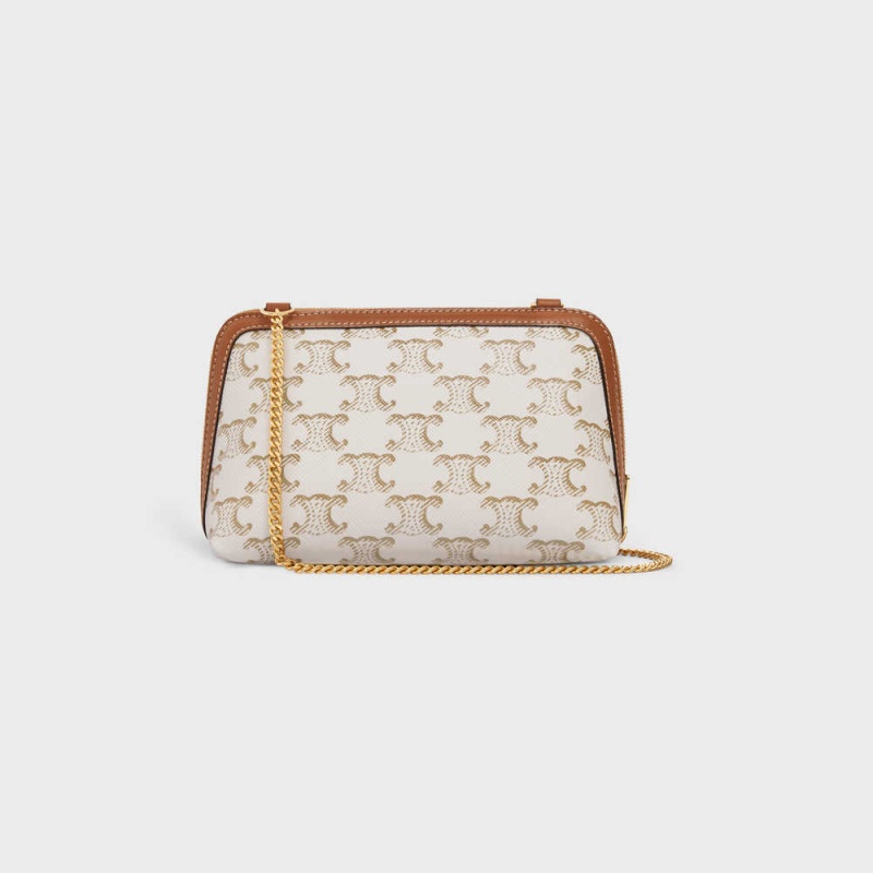 Celine Clutch with Chain in Triomphe canvas and Lambskin Mini Bags White/Tan | CL-593032