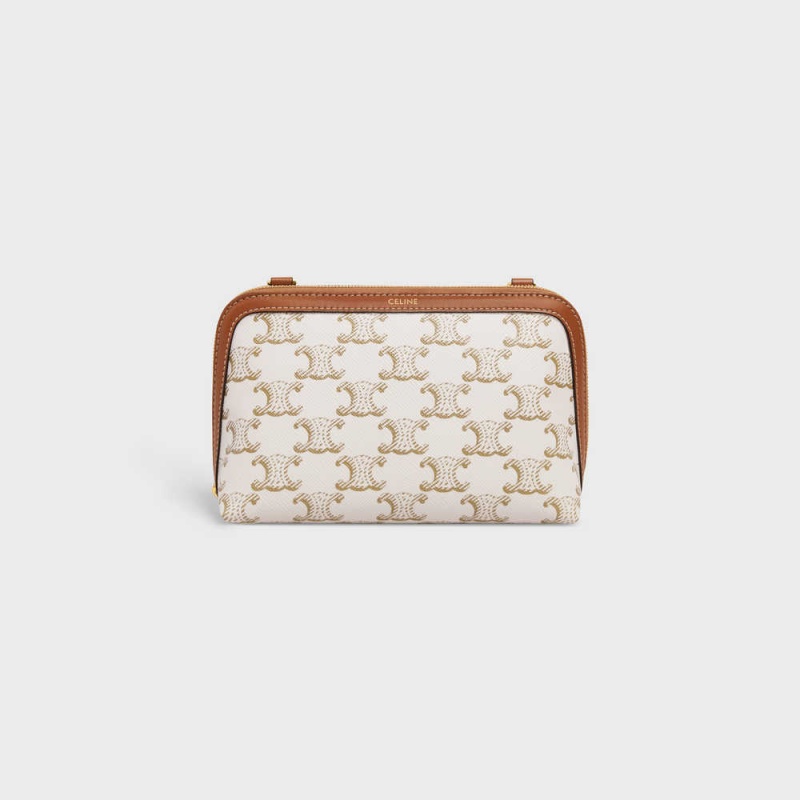 Celine Clutch with Chain in Triomphe canvas and Lambskin Mini Bags White/Tan | CL-593032