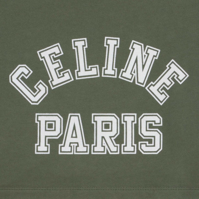 Celine Cropped in Cotton fleece T-shirts KAKI MILITAIRE/OFF WHITE | CL-592790