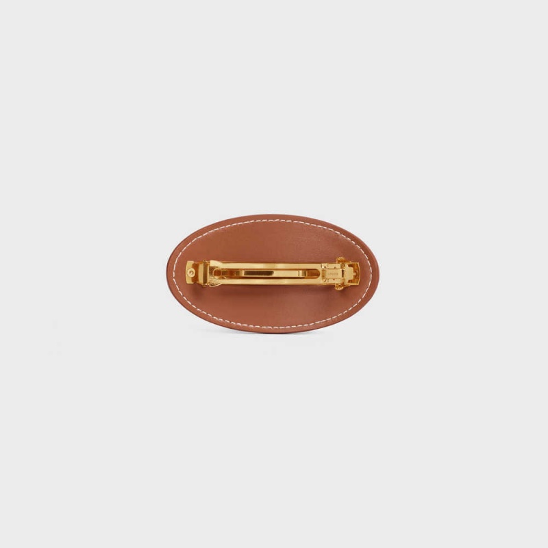 Celine Cuir Triomphe Hair Clip in Calfskin and Steel Hair Accessories Gold / Tan | CL-592333