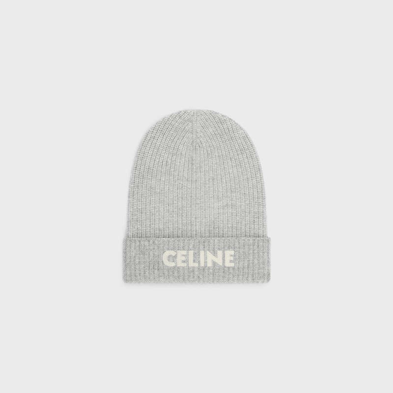 Celine EMBROIDERED BEANIE IN RIBBED FELTED WOOL Hat Light Grey | CL-591717