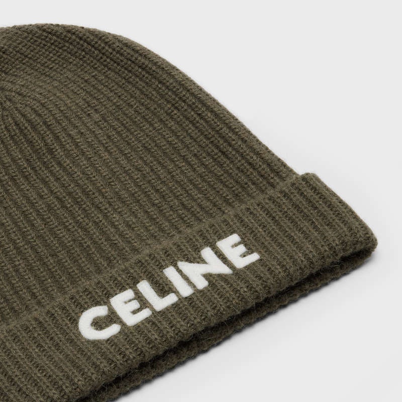 Celine EMBROIDERED BEANIE IN RIBBED FELTED WOOL Hat Khaki | CL-591716