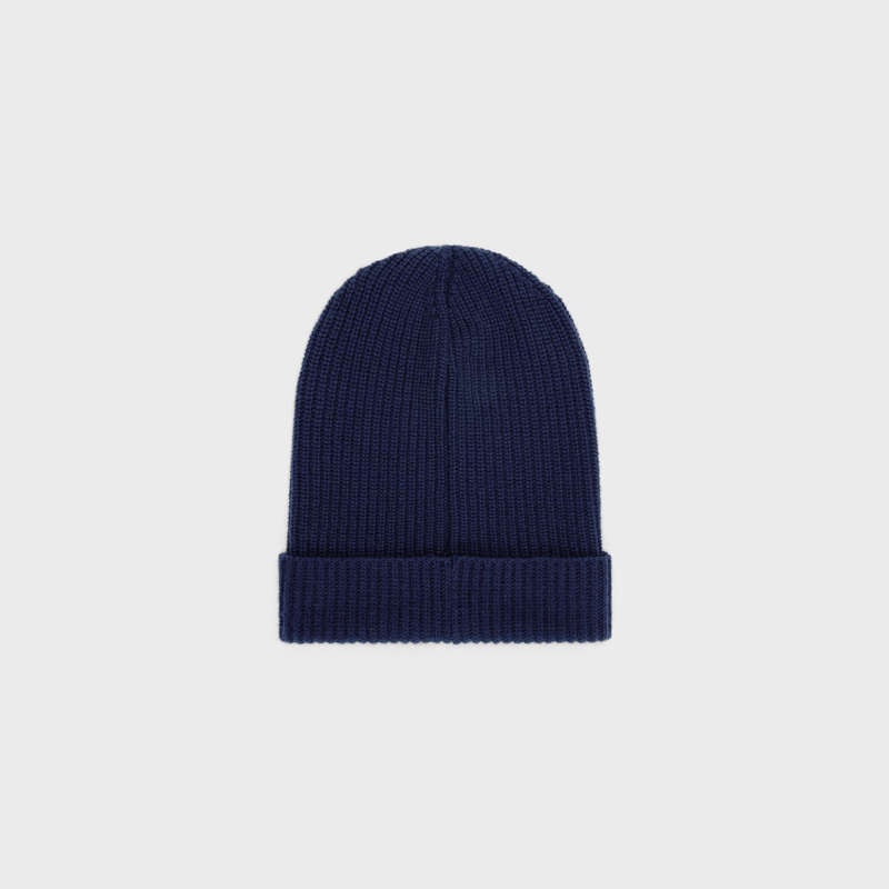 Celine EMBROIDERED BEANIE IN RIBBED FELTED WOOL Hat Navy | CL-591715