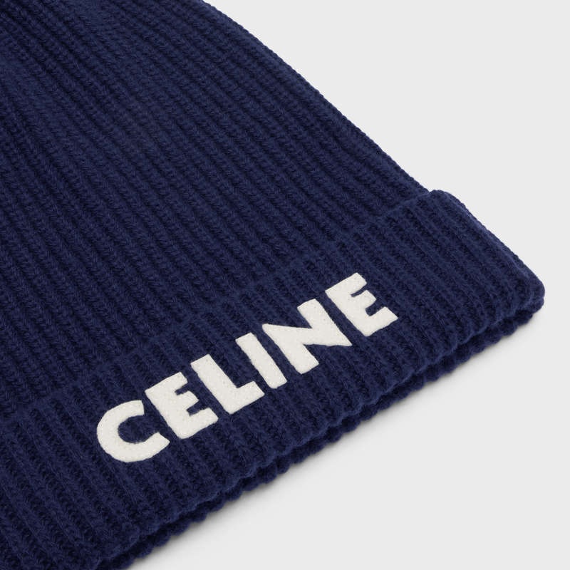 Celine EMBROIDERED BEANIE IN RIBBED FELTED WOOL Hat Navy | CL-591715