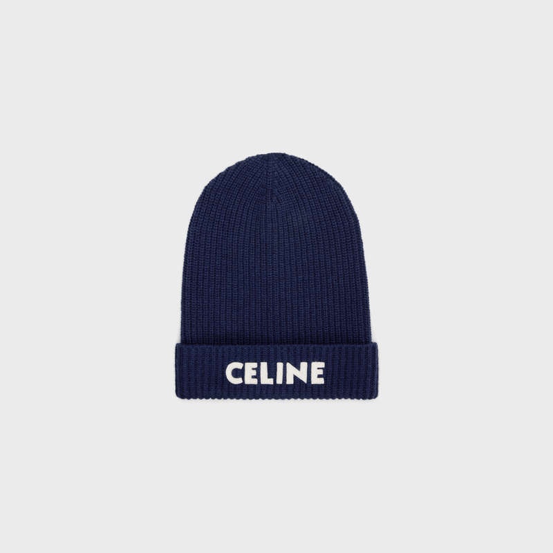 Celine EMBROIDERED BEANIE IN RIBBED FELTED WOOL Hat Navy | CL-591715