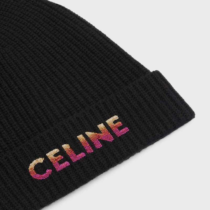 Celine EMBROIDERED BEANIE IN RIBBED WOOL Hat Black | CL-591718