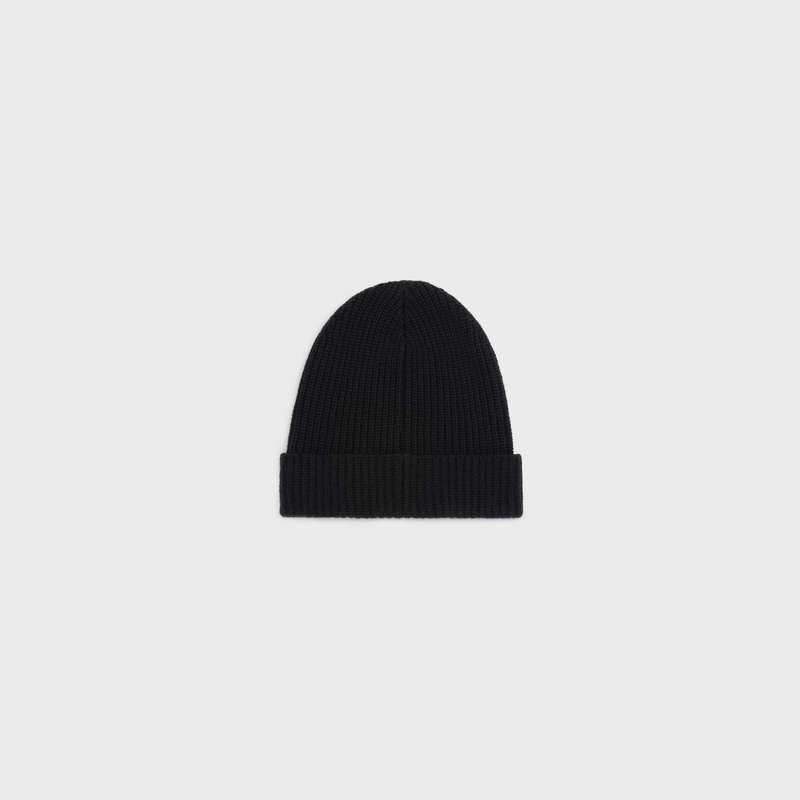 Celine EMBROIDERED BEANIE IN RIBBED WOOL Hat Black | CL-591718