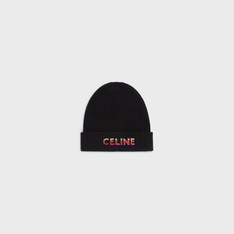 Celine EMBROIDERED BEANIE IN RIBBED WOOL Hat Black | CL-591718