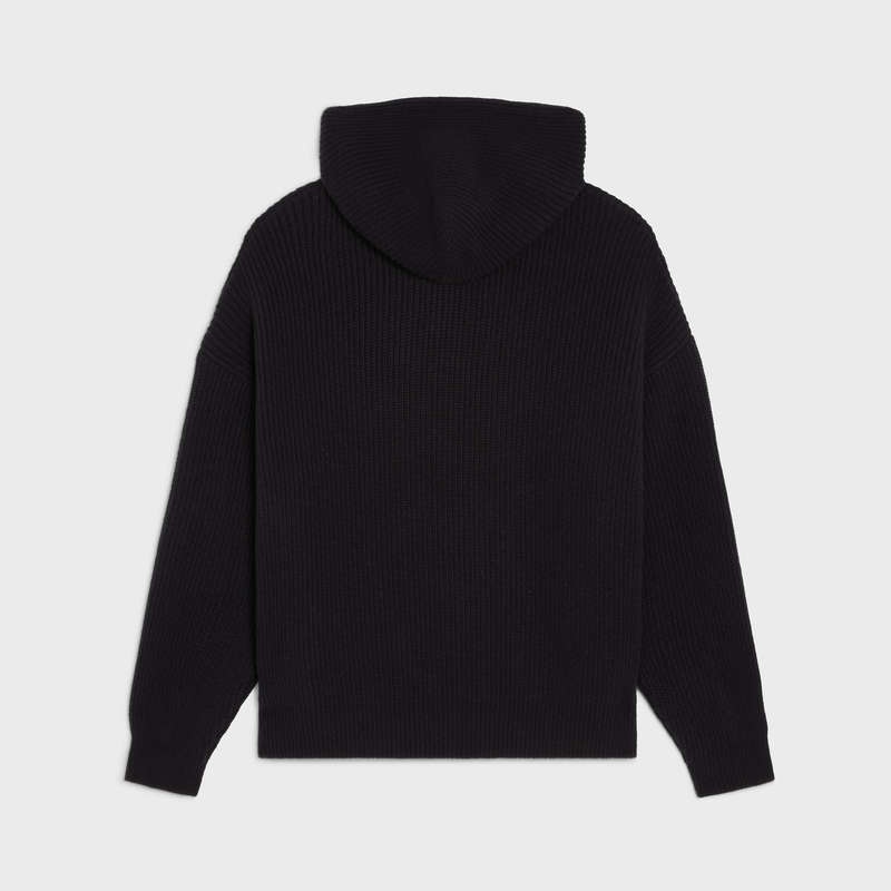 Celine EMBROIDERED HOODED IN RIBBED WOOL Sweatshirts Black | CL-592108