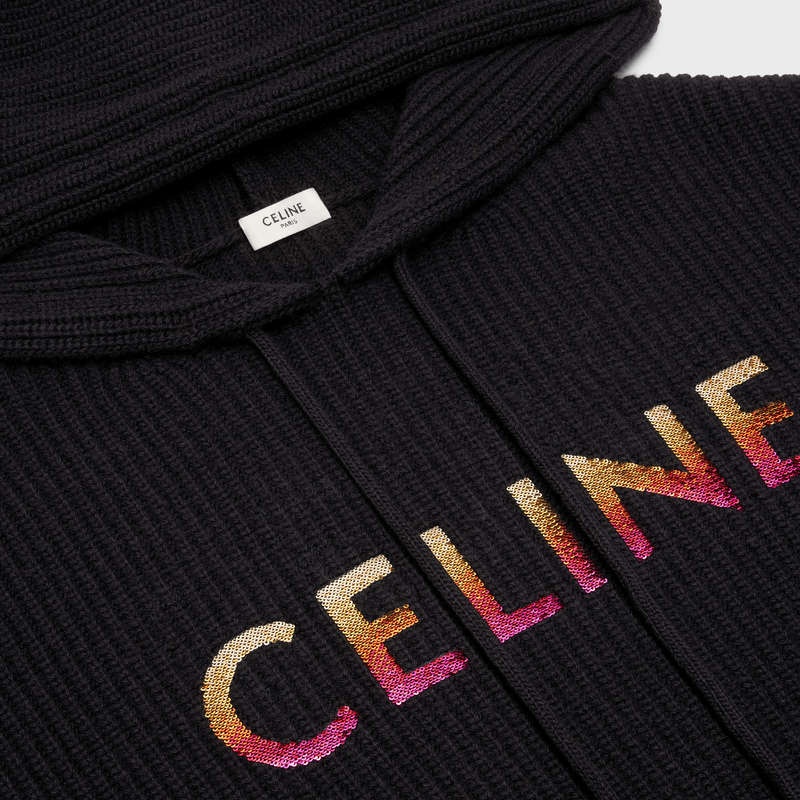 Celine EMBROIDERED HOODED IN RIBBED WOOL Sweatshirts Black | CL-592108