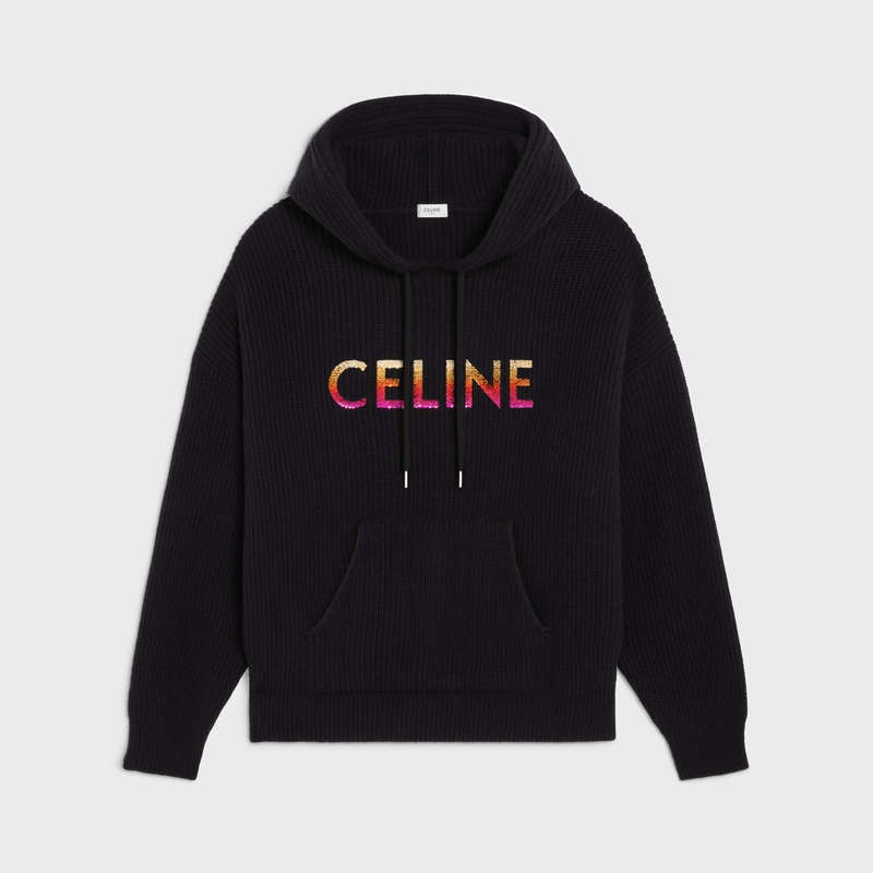 Celine EMBROIDERED HOODED IN RIBBED WOOL Sweatshirts Black | CL-592108