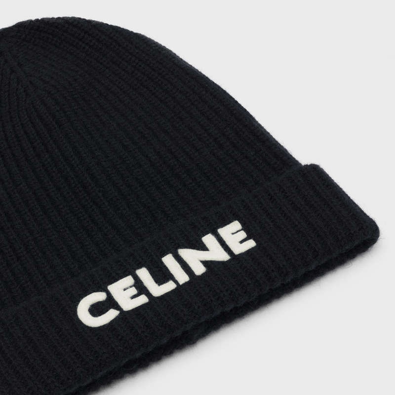 Celine EMBROIDERED KNIT WOOL BEANIE Hat Black | CL-591714