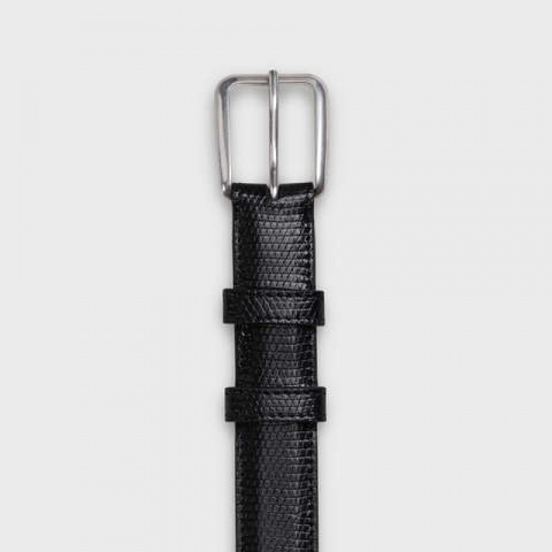 Celine Elegant with Square Buckle in Lizard embossed calfskin Belts Black | CL-591775