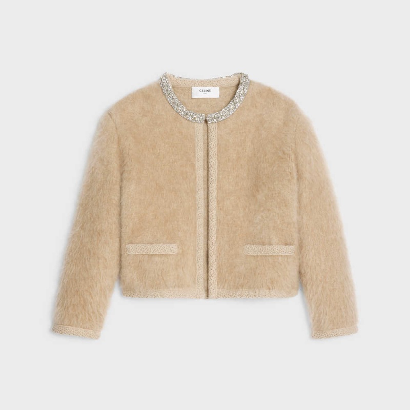 Celine Embroidered cardigan in brushed mohair Knitwear Camel | CL-592698