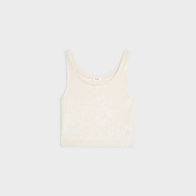 Celine Embroidered tank in silk jersey Tops Off White | CL-592840