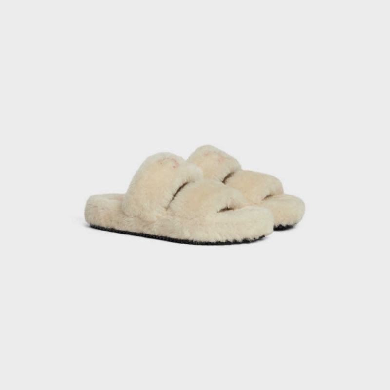 Celine FUR SLIDES TRIOMPHE OPEN SLIDES in Shearling Loafers Beige/Nude | CL-592538