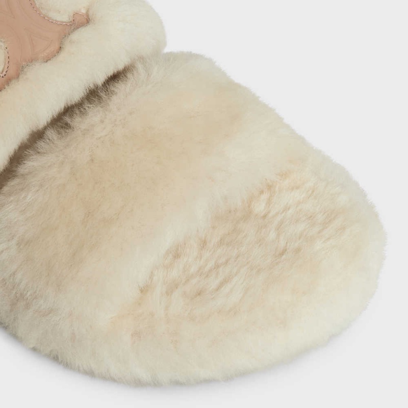 Celine FUR SLIDES TRIOMPHE OPEN SLIDES in Shearling Loafers Beige/Nude | CL-592538