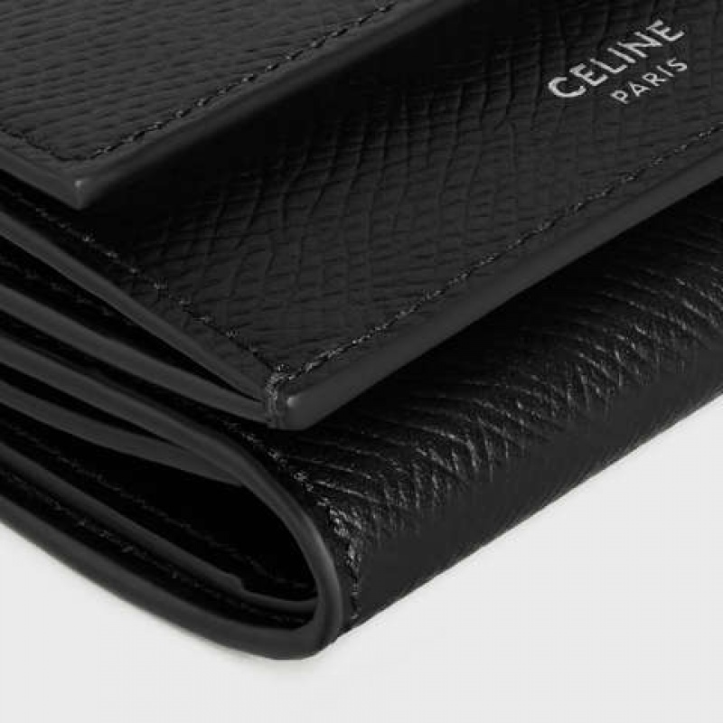 Celine Folded Compact in Grained Calfskin Wallets Black | CL-591796