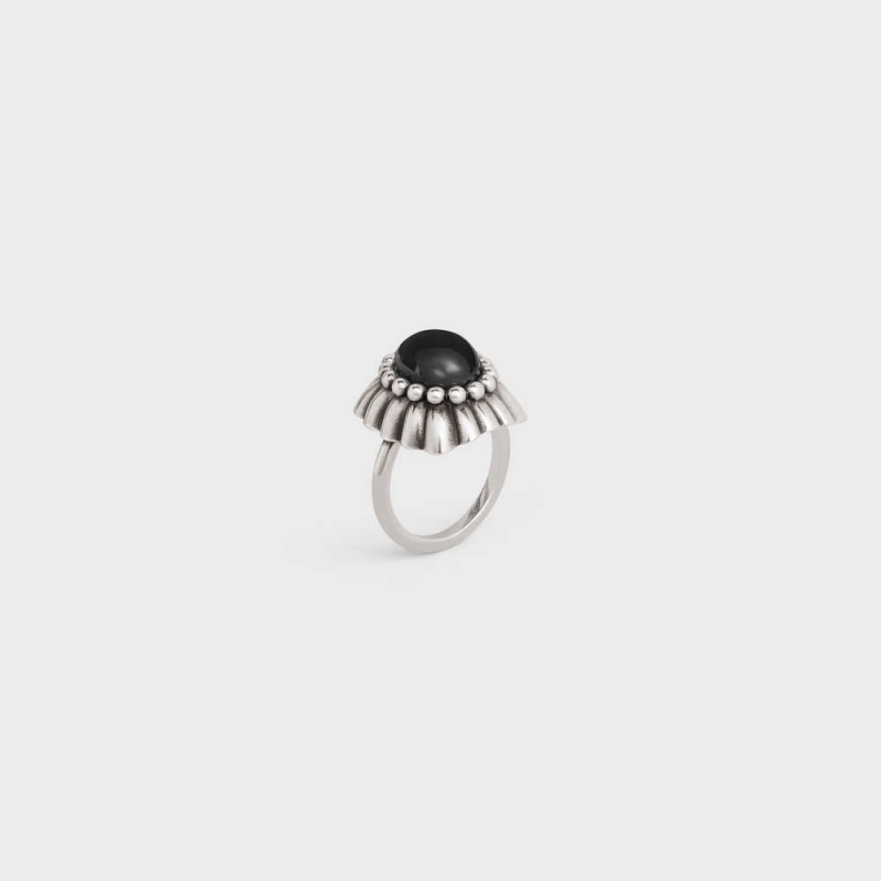 Celine Folk in Brass with Rhodium Finish and Onyx Rings Vintage Silver / Onyx | CL-592192