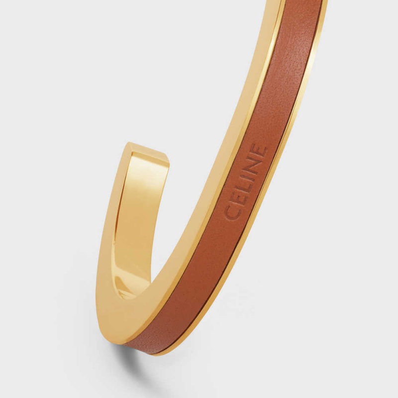 Celine Formes Simples Leather Cuff in Brass with Gold Finish and Calfskin Bracelets Gold / Tan | CL-592214