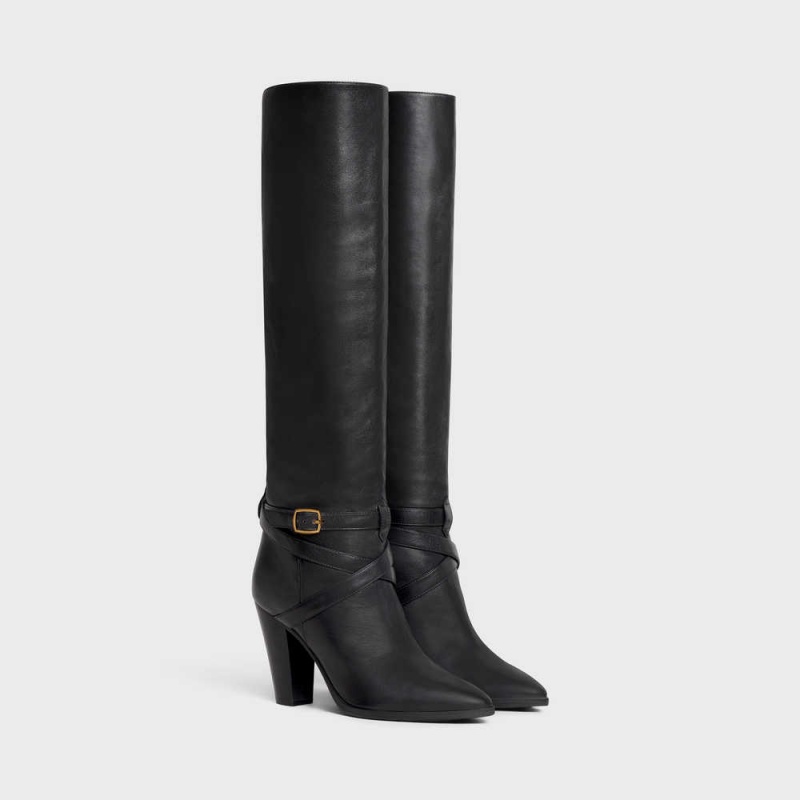 Celine HIGH SLOUCHY BUCKLE WILTERN in CALFSKIN Boots Black | CL-592517