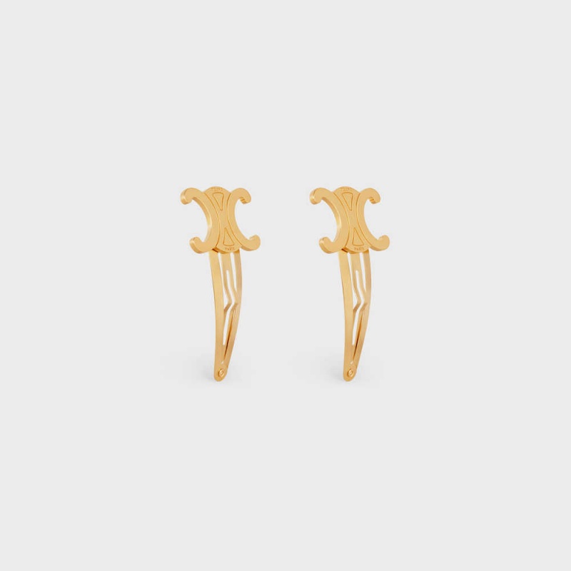 Celine Hair Accessories Set of 2 Triomphe Snap Hair Clips in Brass with Gold Finish and Steel Hair Accessories Gold | CL-592316