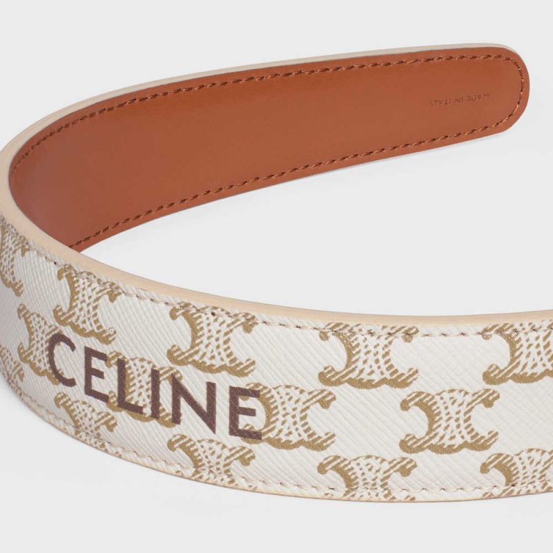 Celine Headband in Triomphe Canvas and Calfskin Hair Accessories Gold / White | CL-592338