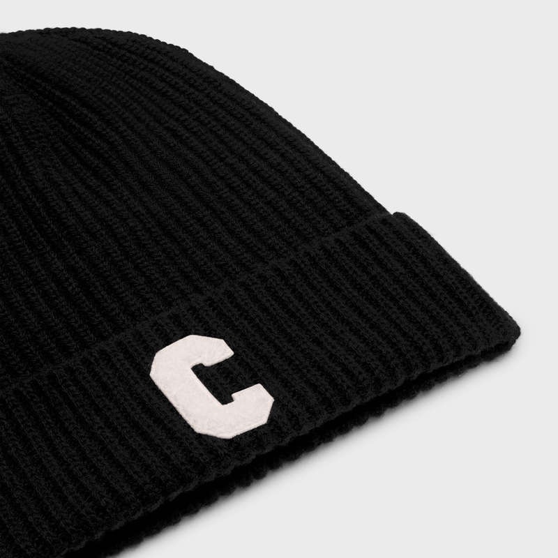 Celine INITIAL BEANIE in ribbed wool Hat Black | CL-591713