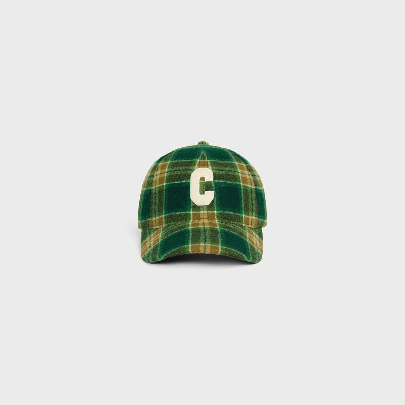 Celine INITIAL SNAPBACK IN CHECKED WOOL Cap VERT/KAKI/CRAIE | CL-591698