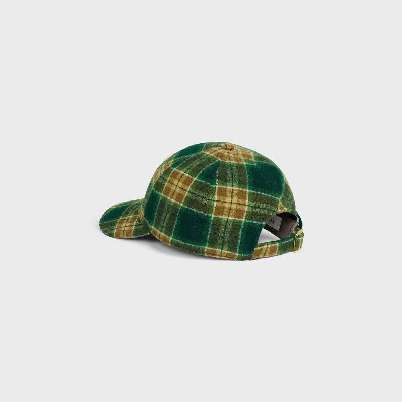 Celine INITIAL SNAPBACK IN CHECKED WOOL Cap VERT/KAKI/CRAIE | CL-591698