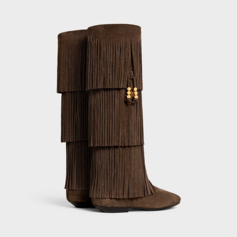 Celine IRINA HIGH WITH FRINGES & EMBELLISHED TASSELS in Suede calfskin Boots Dark Brown | CL-592519