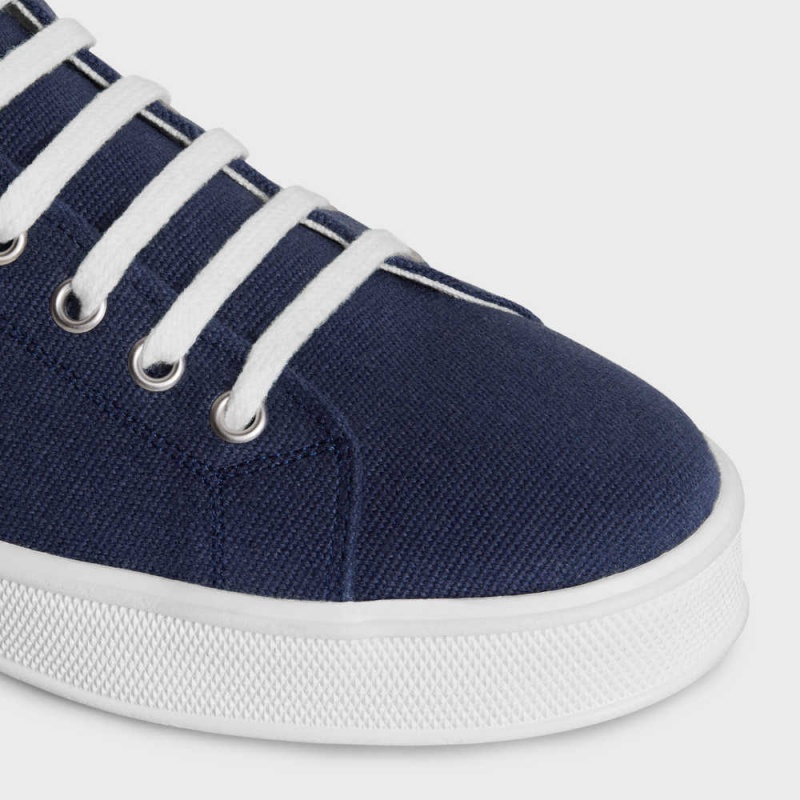 Celine JANE SNEAKERS LOW LACE-UP WITH TRIOMPHE PATCH in CANVAS AND CALFSKIN Sneakers Navy | CL-592553