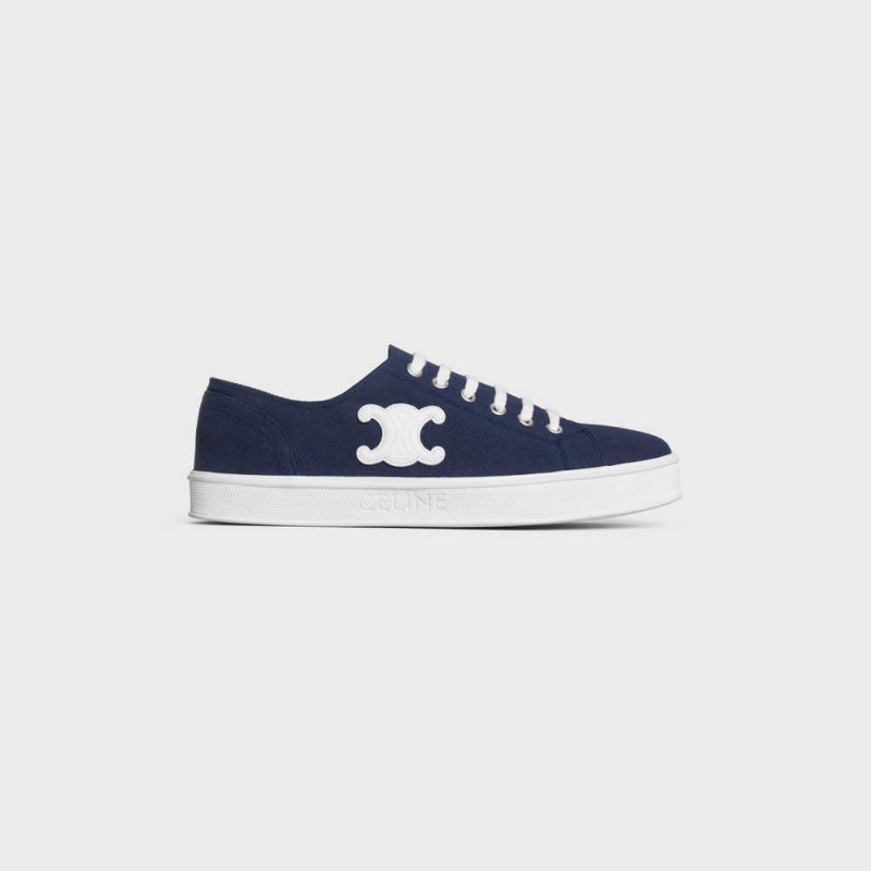 Celine JANE SNEAKERS LOW LACE-UP WITH TRIOMPHE PATCH in CANVAS AND CALFSKIN Sneakers Navy | CL-592553