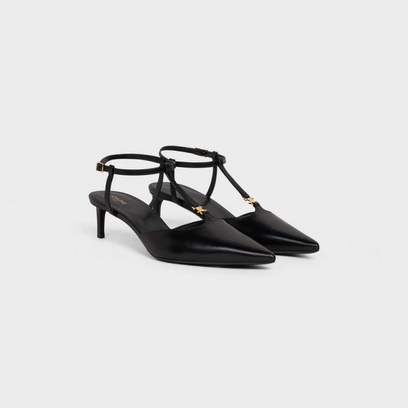 Celine KITTEN TRIOMPHE BAR STRAP in CALFSKIN Pumps Black | CL-592558