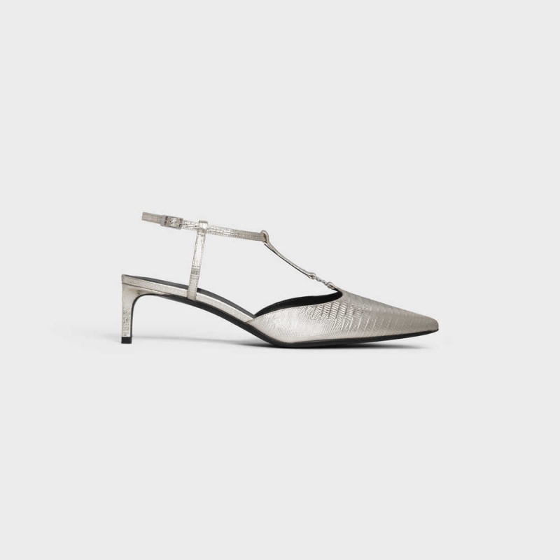 Celine KITTEN TRIOMPHE BAR STRAP in Lizard stamped metalized calfskin Pumps Platinium | CL-592557