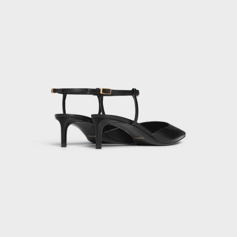 Celine KITTEN WITH STRAP TRIOMPHE in CALFSKIN GOLD FINISHING Pumps Black | CL-592559