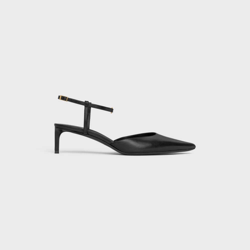 Celine KITTEN WITH STRAP TRIOMPHE in CALFSKIN GOLD FINISHING Pumps Black | CL-592559