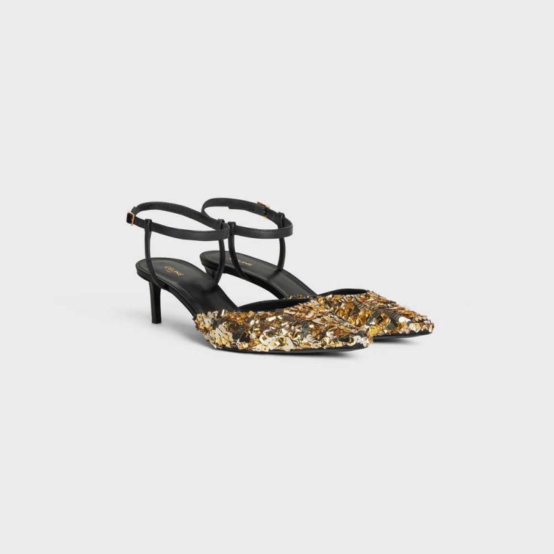 Celine KITTEN in EMBROIDERED CALFSKIN & CALFSKIN Pumps Gold / Black | CL-592562