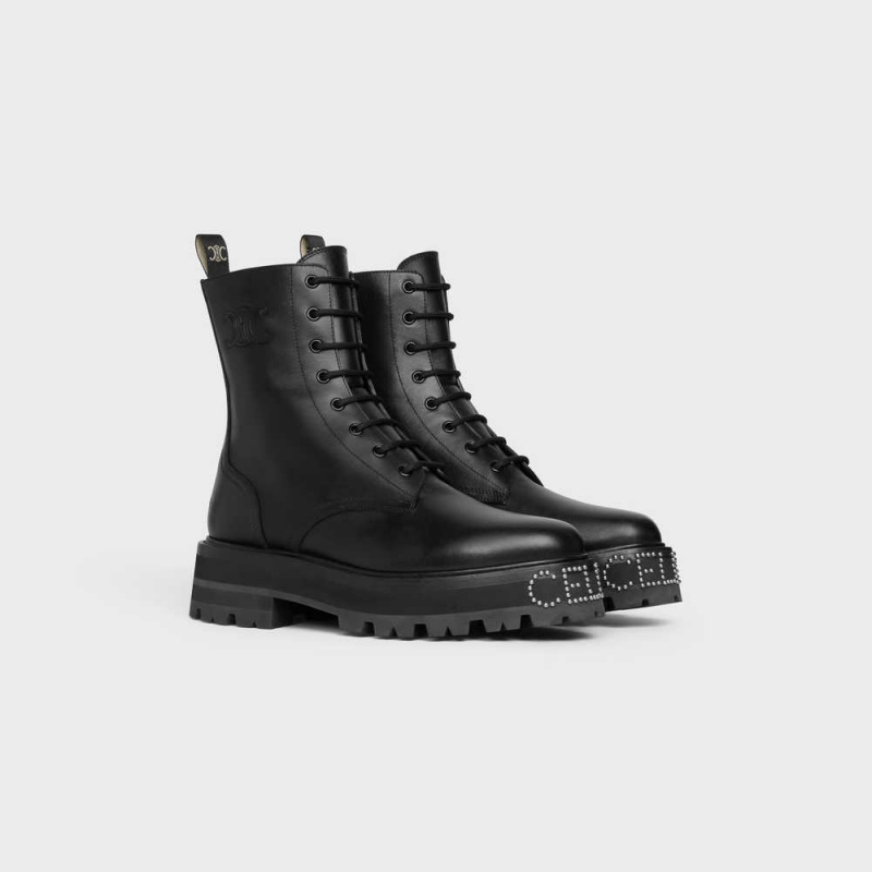 Celine LACE-UP WITH TRIOMPHE AND STUDDED OUTSOLE BULKY in SHINY BULLSKIN Boots Black | CL-592508