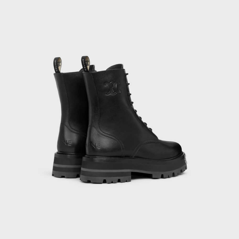 Celine LACE-UP WITH TRIOMPHE AND STUDDED OUTSOLE BULKY in SHINY BULLSKIN Boots Black | CL-592508