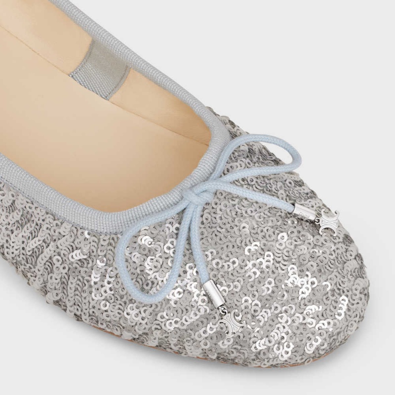 Celine LES BALLERINES BALLERINA WITH TRIOMPHE LACES in SEQUINS Loafers Silver | CL-592536