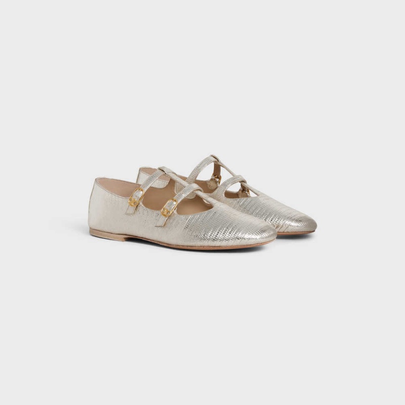 Celine LES BALLERINES DOUBLE STRAP MARY JANE BALLERINA in Lizard stamped metalized calfskin Loafers Platinium | CL-592534