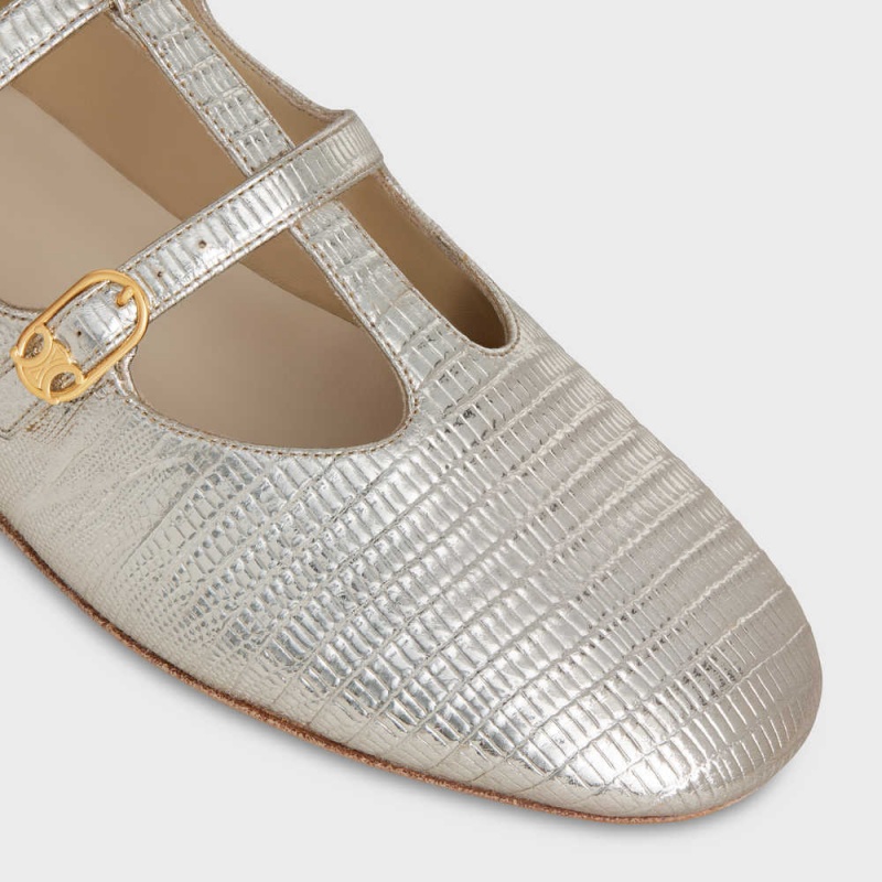 Celine LES BALLERINES DOUBLE STRAP MARY JANE BALLERINA in Lizard stamped metalized calfskin Loafers Platinium | CL-592534