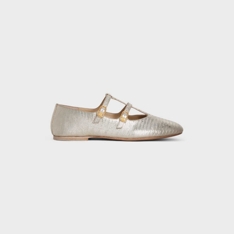 Celine LES BALLERINES DOUBLE STRAP MARY JANE BALLERINA in Lizard stamped metalized calfskin Loafers Platinium | CL-592534