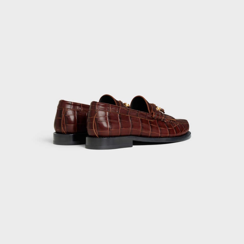 Celine LUCO WITH TRIOMPHE TASSELS in CROCODILE STAMPED CALFSKIN Loafers Dark Brown | CL-592528