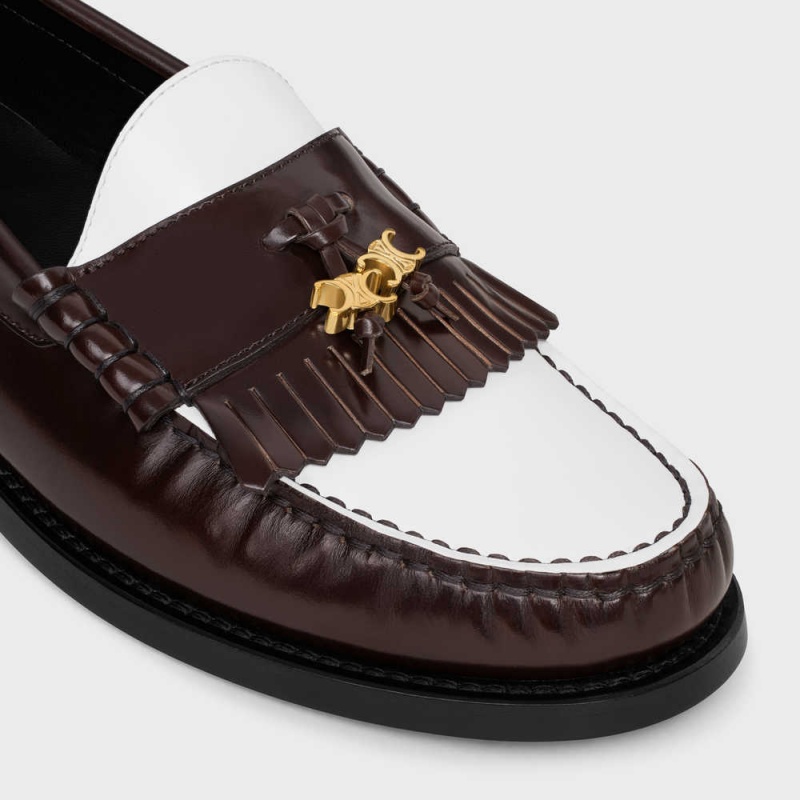 Celine LUCO WITH TRIOMPHE TASSELS in POLISHED BULLSKIN Loafers Dark Brown/White | CL-592529